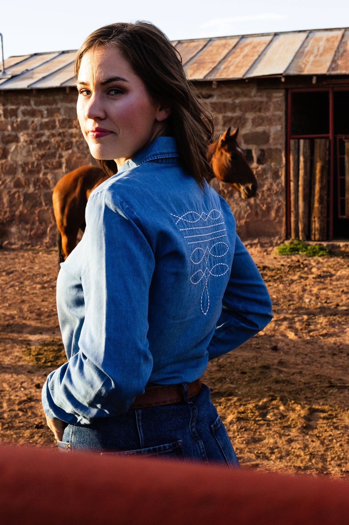 Boot Stitch denim pearl snap