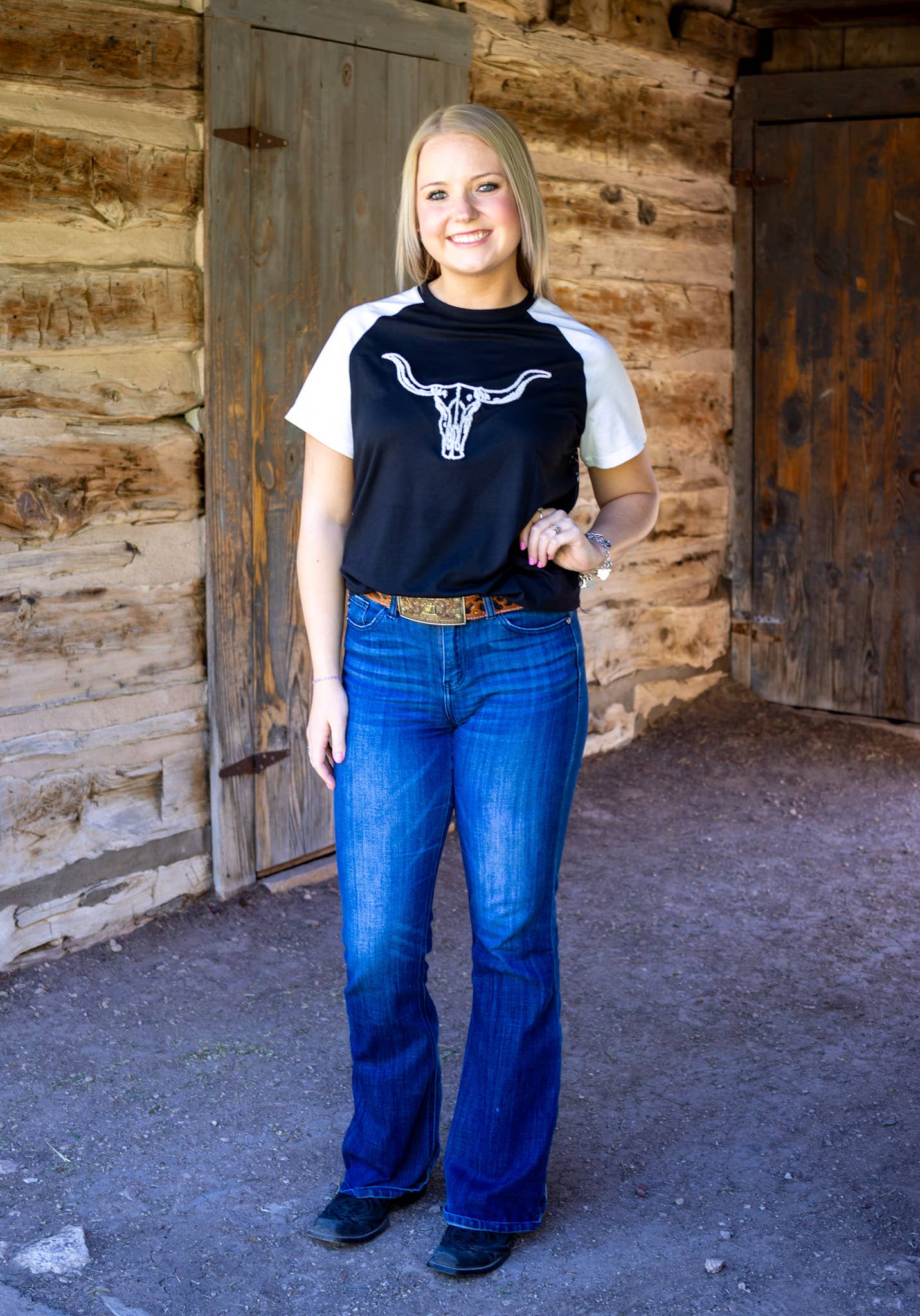 Western steer skull 3D embroidered top