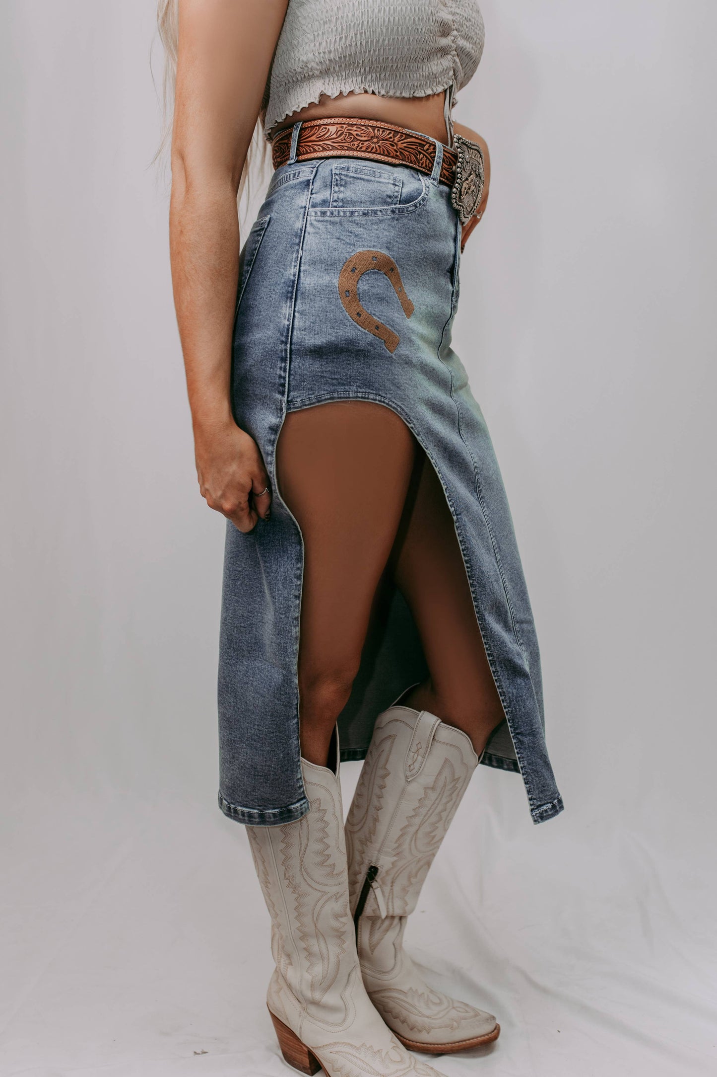 Horse Shoe cut out Denim Skirt