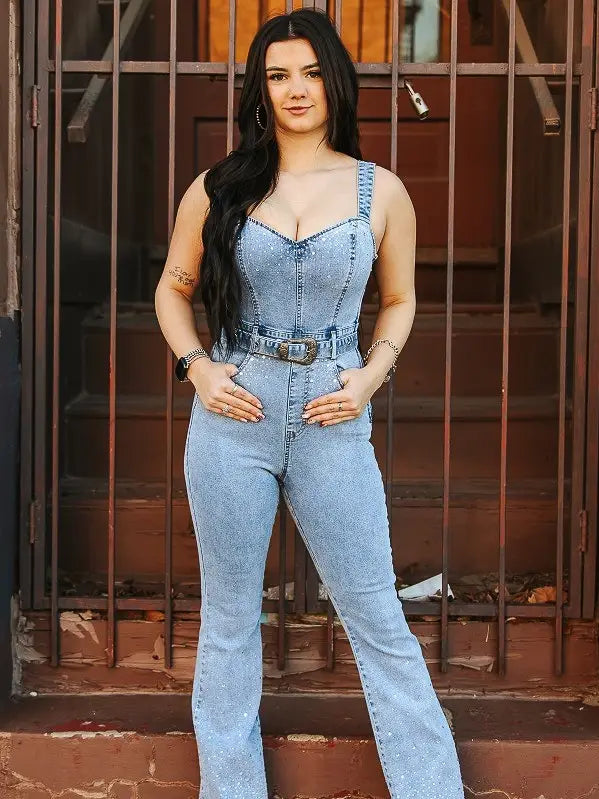 Mid Wash Denim Stretch Rhinestone Jumpsuit W Belt