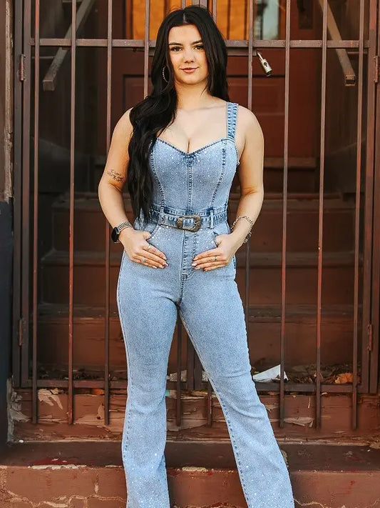 Mid Wash Denim Stretch Rhinestone Jumpsuit W Belt