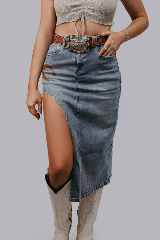 Horse Shoe cut out Denim Skirt