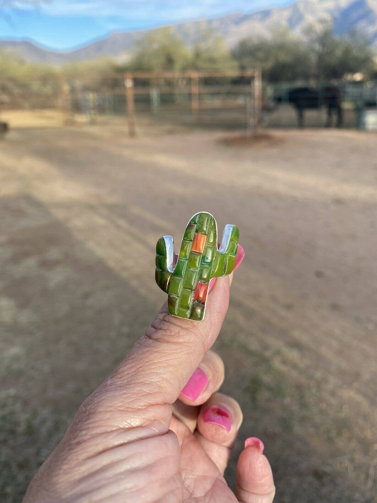 Native signed & stamped, Turquoise & Spiny Sterling Silver Handmade Inlay Saguaro Ring