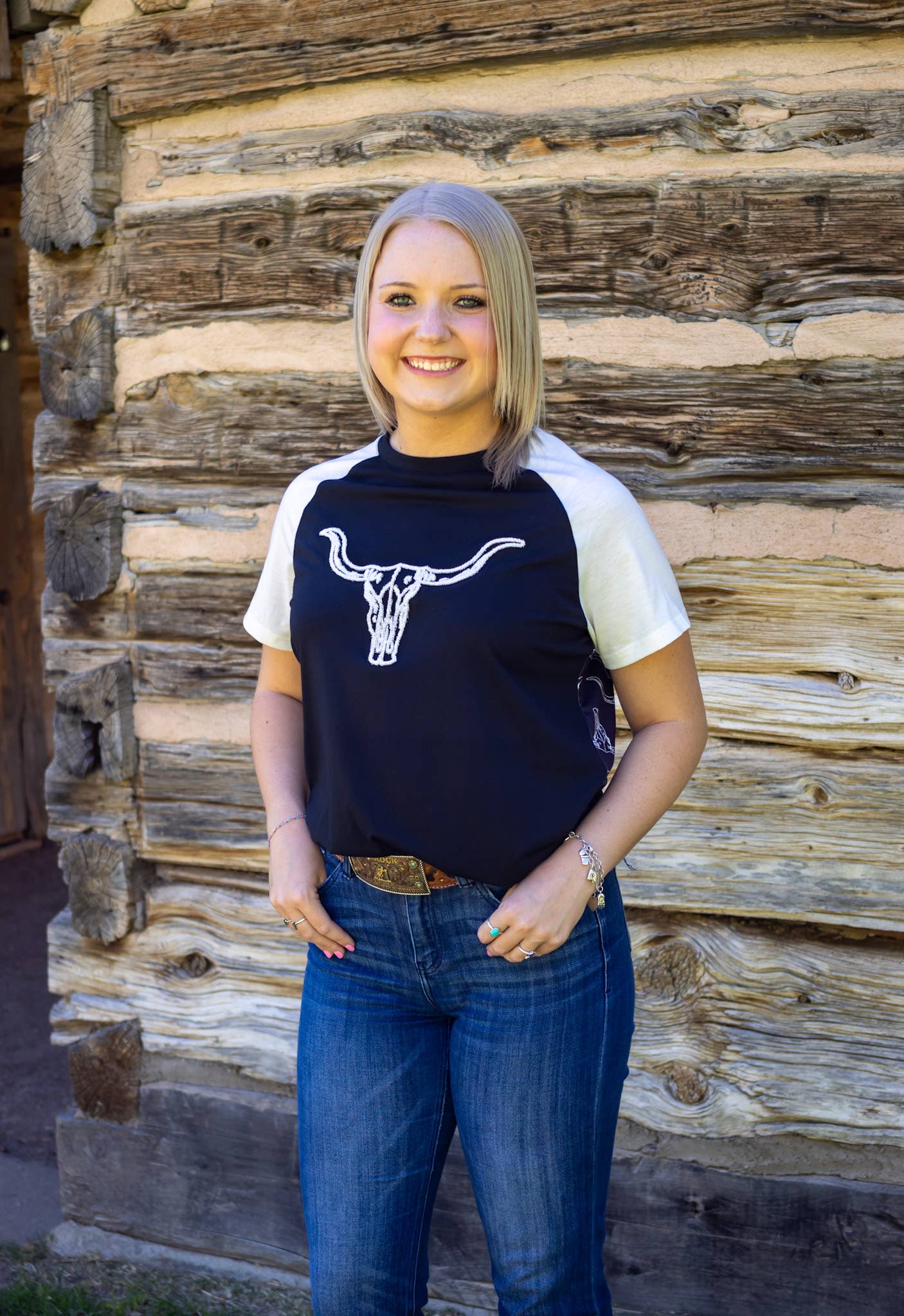 Western steer skull 3D embroidered top