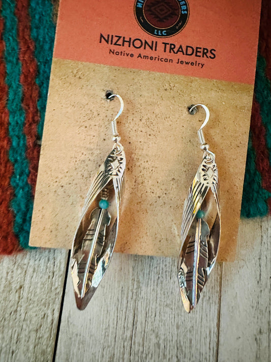 Turquoise & Sterling Silver Feather Dangle Earrings