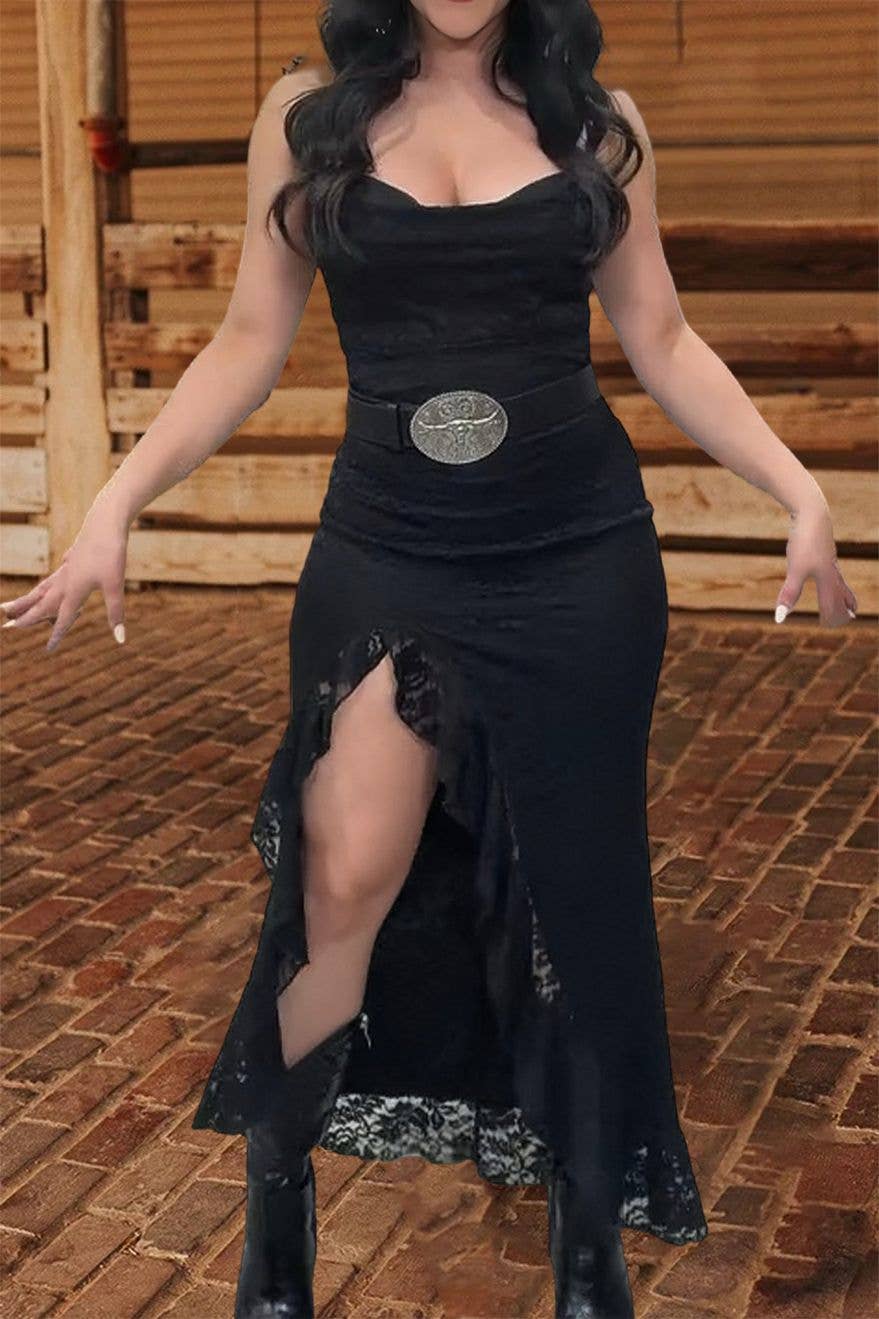 Western cowgirl High slit lace ruffle fitted strappy dress