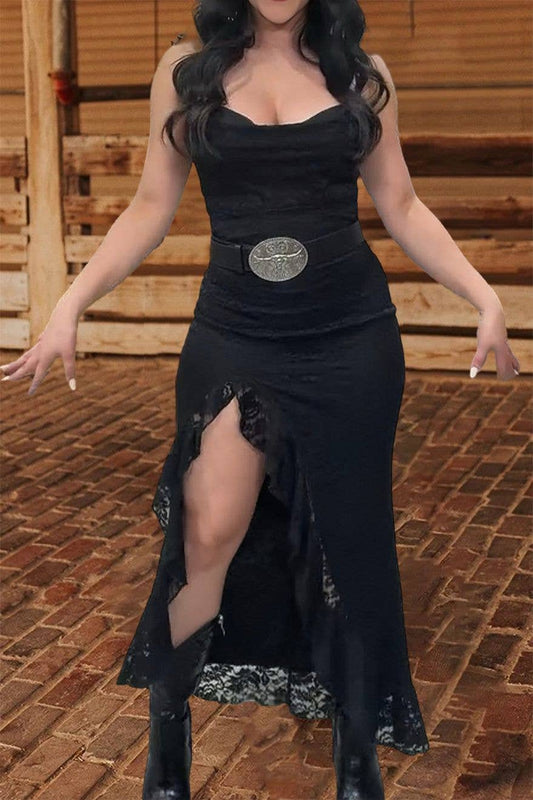 Western cowgirl High slit lace ruffle fitted strappy dress