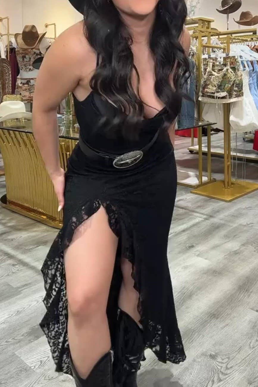 Western cowgirl High slit lace ruffle fitted strappy dress