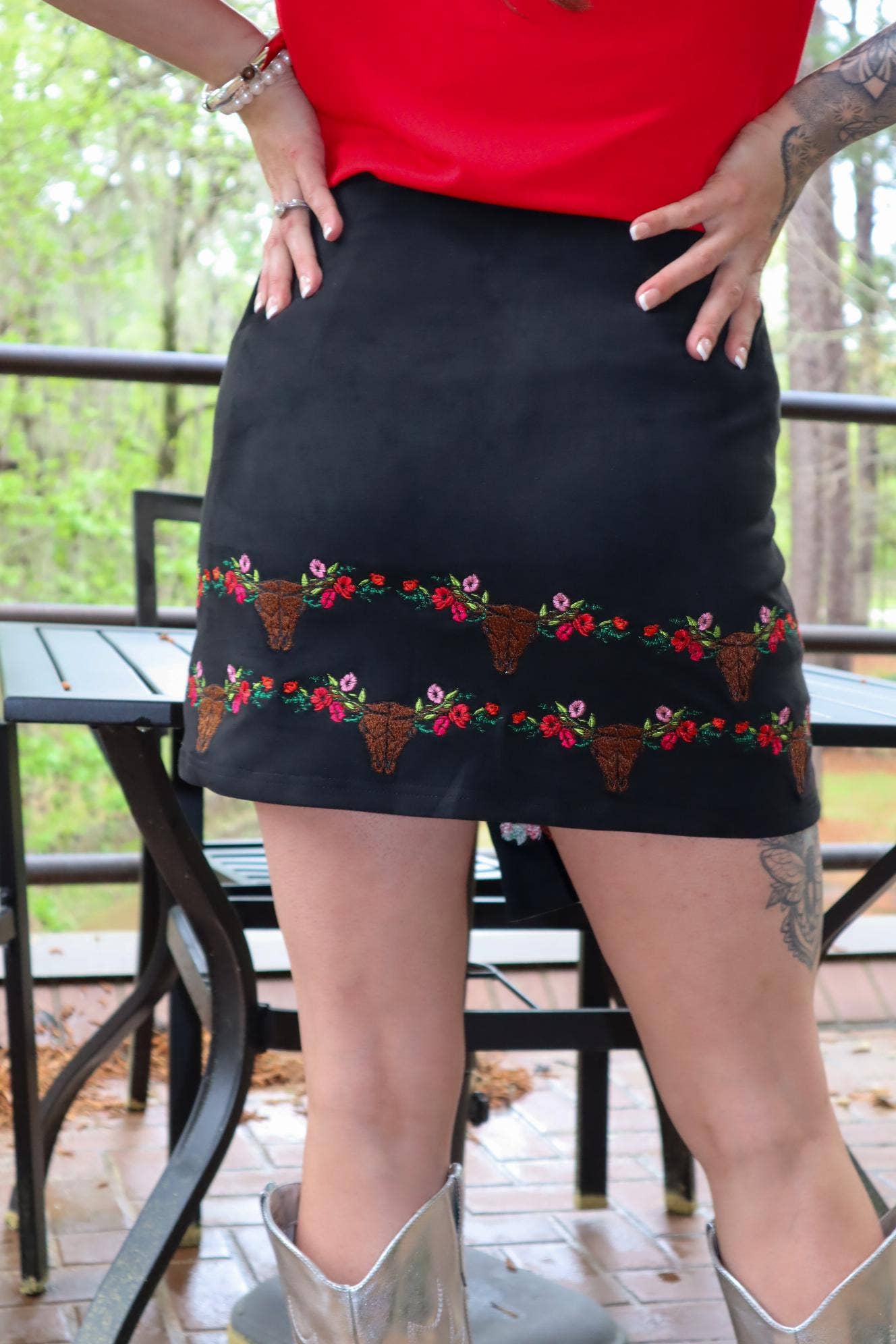 Cow skull Embroidery Skort