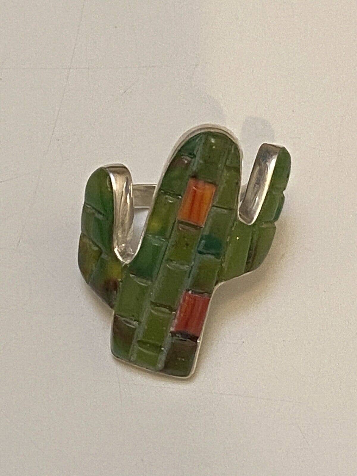 Native signed & stamped, Turquoise & Spiny Sterling Silver Handmade Inlay Saguaro Ring